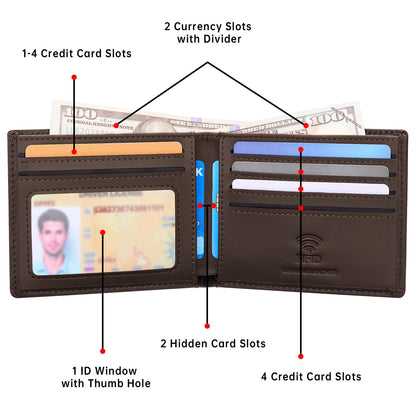 Travelambo Wallet for Men Real Leather Mens Bifold Wallet RFID Blocking - Thin & Stylish with ID Window in Gift Box (Crazy Horse, Brown)
