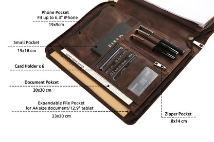 Handmade Genuine Leather Portfolio Organizer for IPad/Document, Business Padfolio with A4 Leather Notepad Holder, Leather Compact Folder Conference Portfolio for Men and Women, Dark Khaki