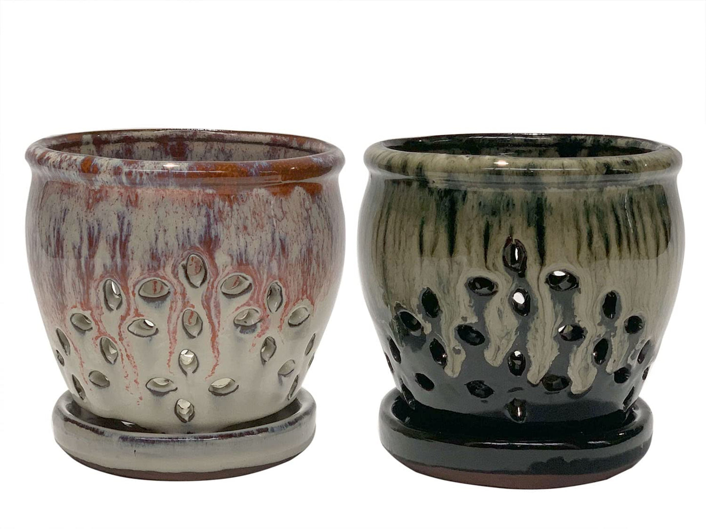 Beitewei 2PCS Small Ceramic Orchid Planter Pots with Holes 4.33inch Ceramic Planters for Orchid Repotting(Black&White)