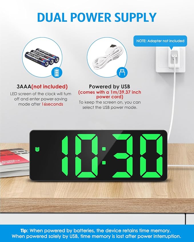 AMIR Digital Alarm Clock Large Display, LED Alarm for Bedroom, USB/Battery Powered Bedside Clock with Snooze, 12/24H, 3 Adjustable Brightness, Temperature, Electric Desk Clock for Home, Office, Green