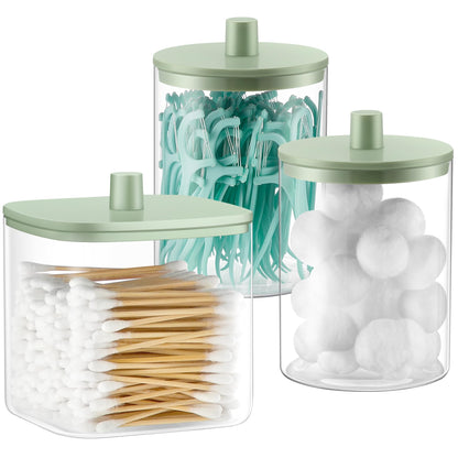 3 Pack Glass Qtip Holder Dispenser- 10 oz Clear Canister Apothecary Jar, Bathroom Vanity Storage Organizer Set for Cotton Swabs, Pads, Floss Picks, Small Containers for Makeup Storage (Green)