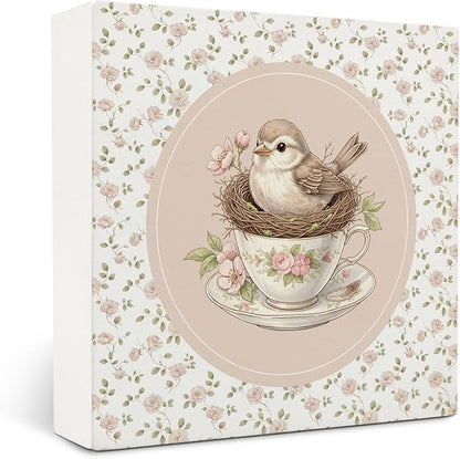 Flower Bird Wooden Box Sign Desk Decor, Rustic Bird Nest Teacup Wood Block Sign for Girls Room Nursery Bedroom Home Desk Table Shelf Wall Decorations, 5x5 Inch