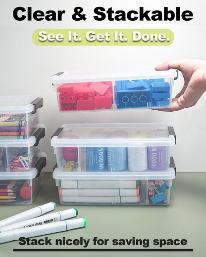GEOPHIA 6 Pack Extra Large Pencil Box with Removable Divider, Thickened Pencil Case Bulk, Clear Crayon Marker Organizer Stackable Plastic Small Storage Containers for Pen Craft School Supplies(Grey)