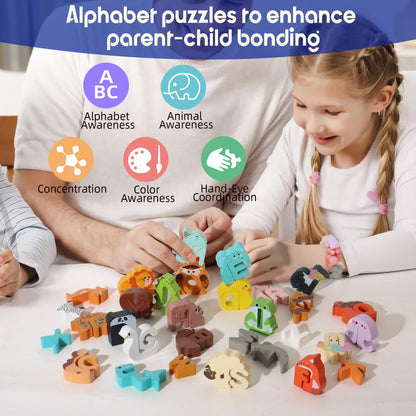 52 Pieces Matching Game, Wooden Alphabet Animal Puzzles for Toddlers, ABC Peg Puzzles for Kids Ages 3-5, Preschool Learning Activities Toys