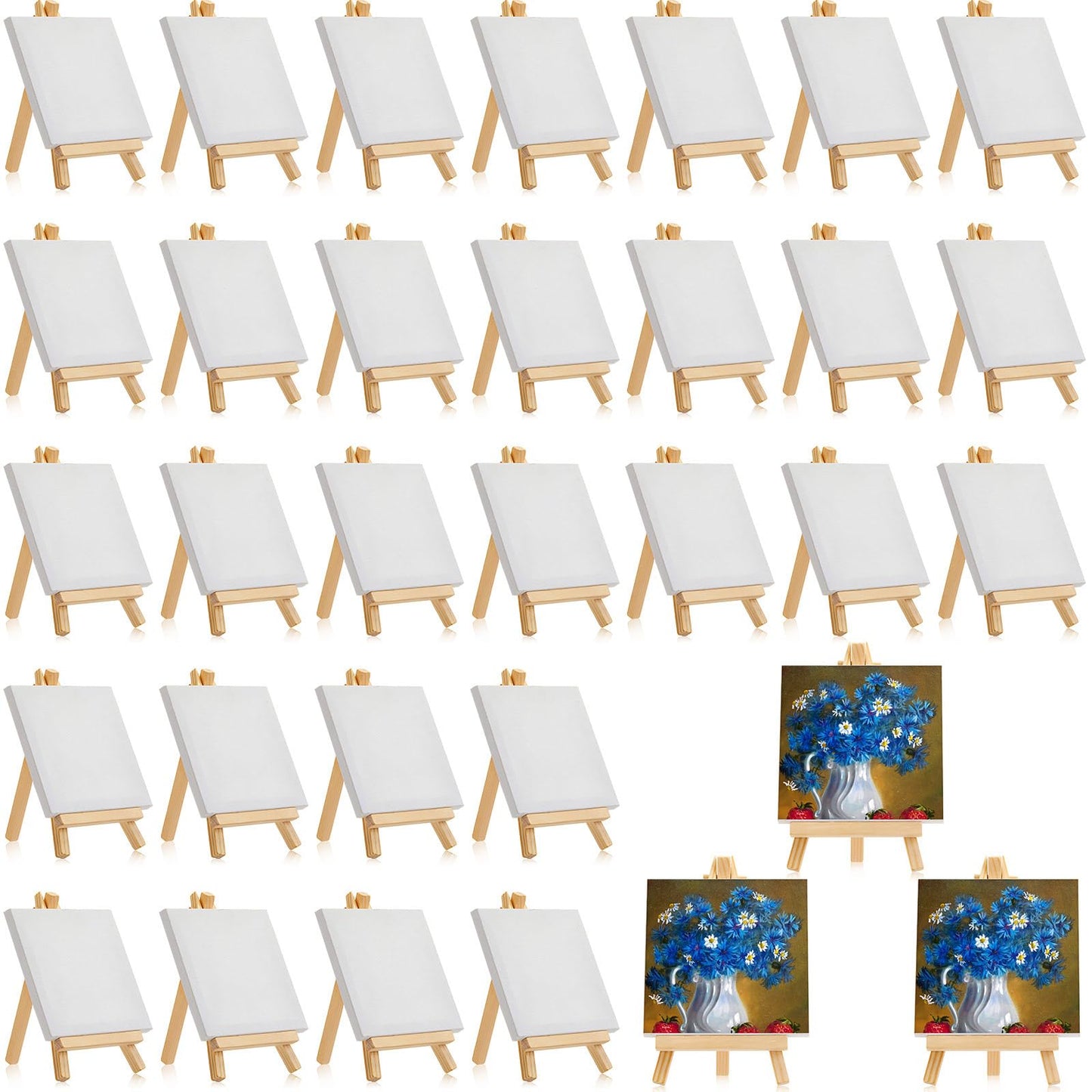 Mimorou 32 Pack Mini Canvas with Easel Sets for Painting Small Art Stretched Canvas Panels Pack with Sturdy Wood Display Easel for Classroom Crafts End of The Year Gifts (3 x 3 Inch)