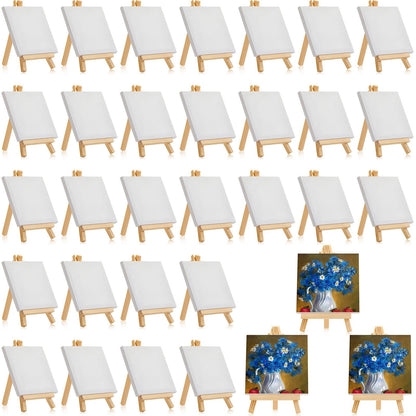 Mimorou 32 Pack Mini Canvas with Easel Sets for Painting Small Art Stretched Canvas Panels Pack with Sturdy Wood Display Easel for Classroom Crafts End of The Year Gifts (3 x 3 Inch)