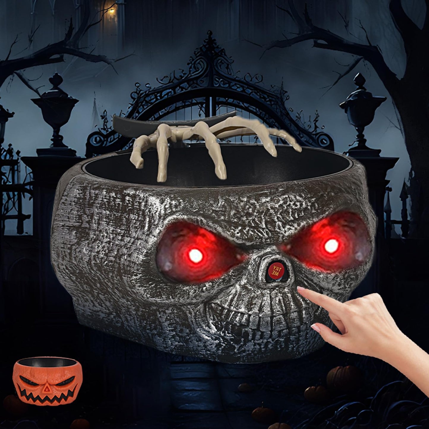 Halloween Candy Bowl, Animated Halloween Skull Pumpkin Bowl, Automatic Sensor/Button Press Scary Candy Dish with Creepy Moving Skeleton Hand and Scream for Trick or Treat to Kids(Skeleton Style)