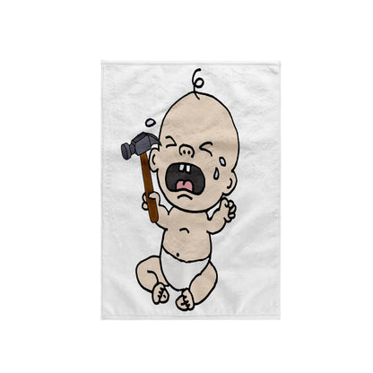 3dRose Funny Crying Baby with Hammer Carpenter Satire 15x22 Hand Towel