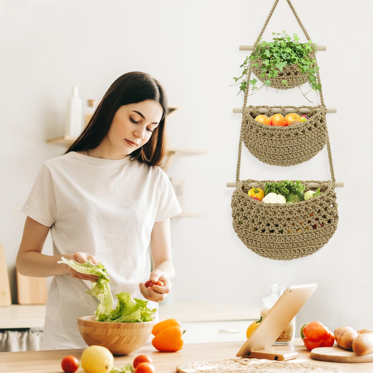 yuuzue 3 Tier Hanging Fruit Basket, Cotton Woven Wall Hanging Basket for Organizing Fruit Vegetable Storage, Boho Wall Baskets for Kitchen Bedroom Living Room