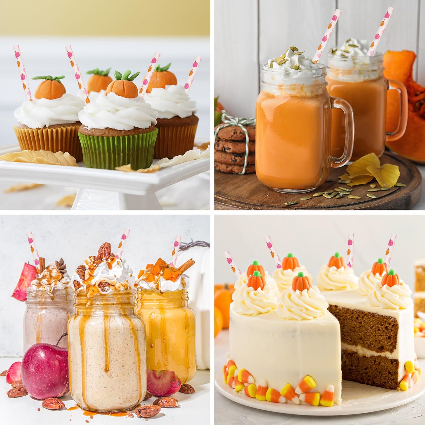 Whaline 200Pcs Fall Paper Straws Pink Orange Pumpkin Disposable Straws Fall Harvest Drinking Straw for Autumn Thanksgiving Party Supplies