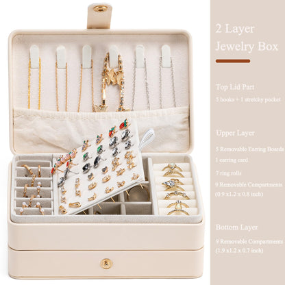 MODENGKONGJIAN Jewelry Organizer Box, 2-Layer Large Jewelry Storage Case, Portable Travel Jewelrys Display Holder for Earrings, Necklaces, Bracelets (Beige, PU Leather)
