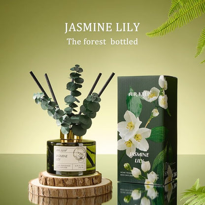 Airkeep Reed Diffuser Set with 6.76 fl oz Jasmine Lily Scent Essential Oils and 3 Leaves & 8 Diffuser Sticks,Bathroom Shelf Decor & Air Freshener, House Bedroom Office Decor & Gifts