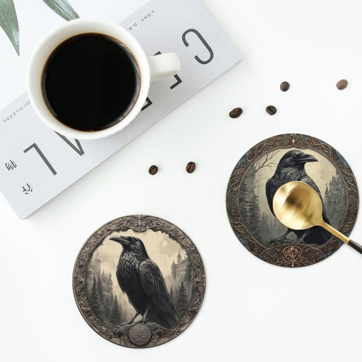 sunwarshile Raven Coasters for Drinks with Holder Round Leather Coasters Set of 6 Cups Mugs Mat Pad for Home Kitchen Bar