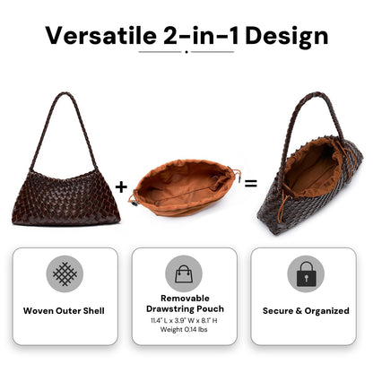YDF Small Woven Purse for Women, Vegan Leather Shoulder Bag, Slouchy Tote Bag with Inner Drawstring Pouch, Underarm Handbag- Dark Brown