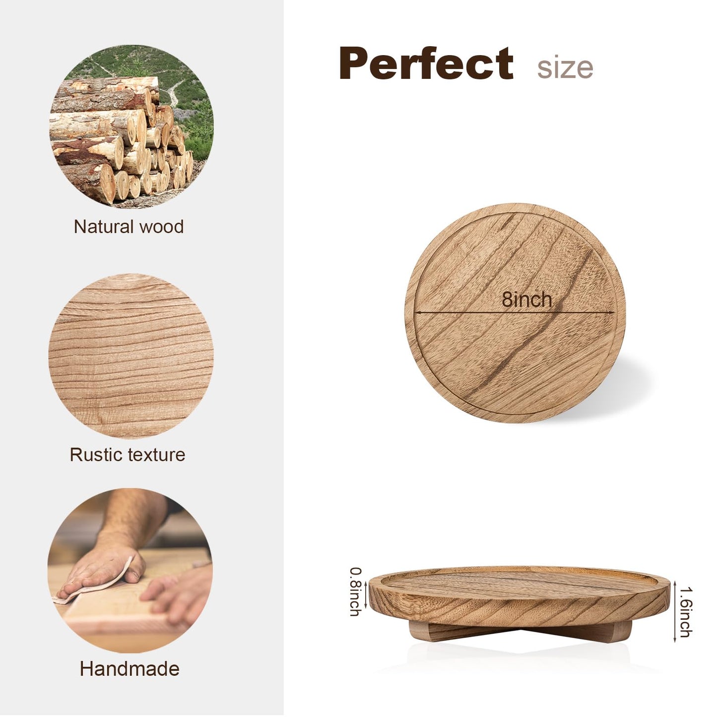 Round Decorative Tray Wood Bathroom Counter Organizer Farmhouse Kitchen Decor Wooden Riser for Soap Dish, Perfume, Candle, Sponge, 8" - Brown