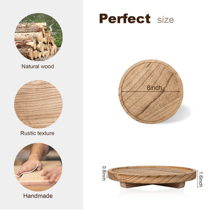 Round Decorative Tray Wood Bathroom Counter Organizer Farmhouse Kitchen Decor Wooden Riser for Soap Dish, Perfume, Candle, Sponge, 8" - Brown