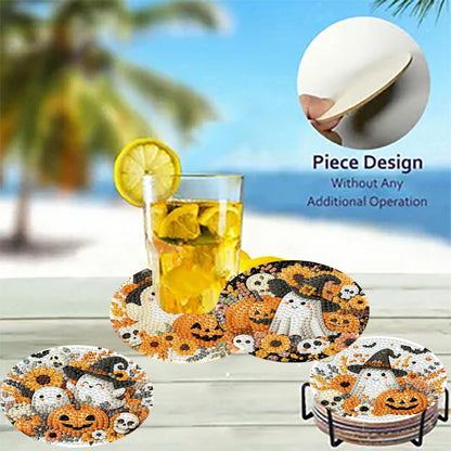 8 PCS Halloween Diamond Art Coasters Kits with Holder Ghost Pumpkin Diamond Painting Coaster Kit for Adults Beginners,5D DIY Gem Art Kit Full Drill Diamonds Art Craft Supplies 4X4 Inch
