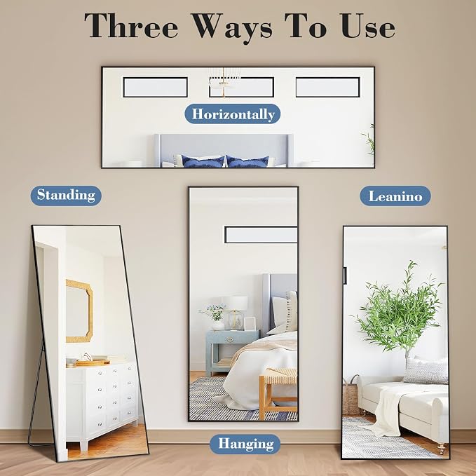 NEWBULIG Mirror Full Length, 58"x19" Body Wall Mirrors with Shatter-Proof Glass, Upgraded Floor Standing Mirror, Hanging or Leaning, with Stand Aluminum Alloy Frame for Home Decor, Bedroom, Black