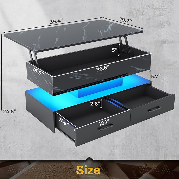 SEDETA 40" Lift Top Coffee Table, Coffee Tables with Storage for Living Room, Small Coffee Table with 2 Drawers & LED Light for Dining Reception Room, Black Marble