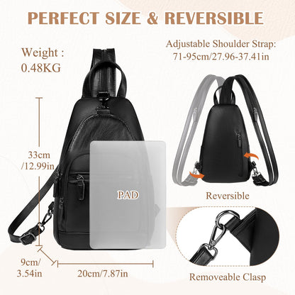 RAVUO Sling Bag for Women, Faux Leather Convertible Backpack Purse Ladies Anti Theft Cross Body Bag with Multi Pockets for Travel Cycling Hiking Shopping,Black