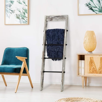 MyGift Blanket Ladder Wooden, Blanket Quilt Holder Rack Decorative Ladder with Metal Pipe Rungs, Easy Assembly, Rustic Farmhouse Ladder Shelf for The Living Room Bedroom Bathroom