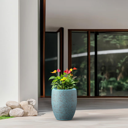 Humid Jade 13-Inch Tall Round Fluted Concrete Planter, Mineral-Toned Surface Plant Pot with Drainage Hole for Succulents, Flowers and Trees for Porch, Patio or Home, Ocean Teal Veil