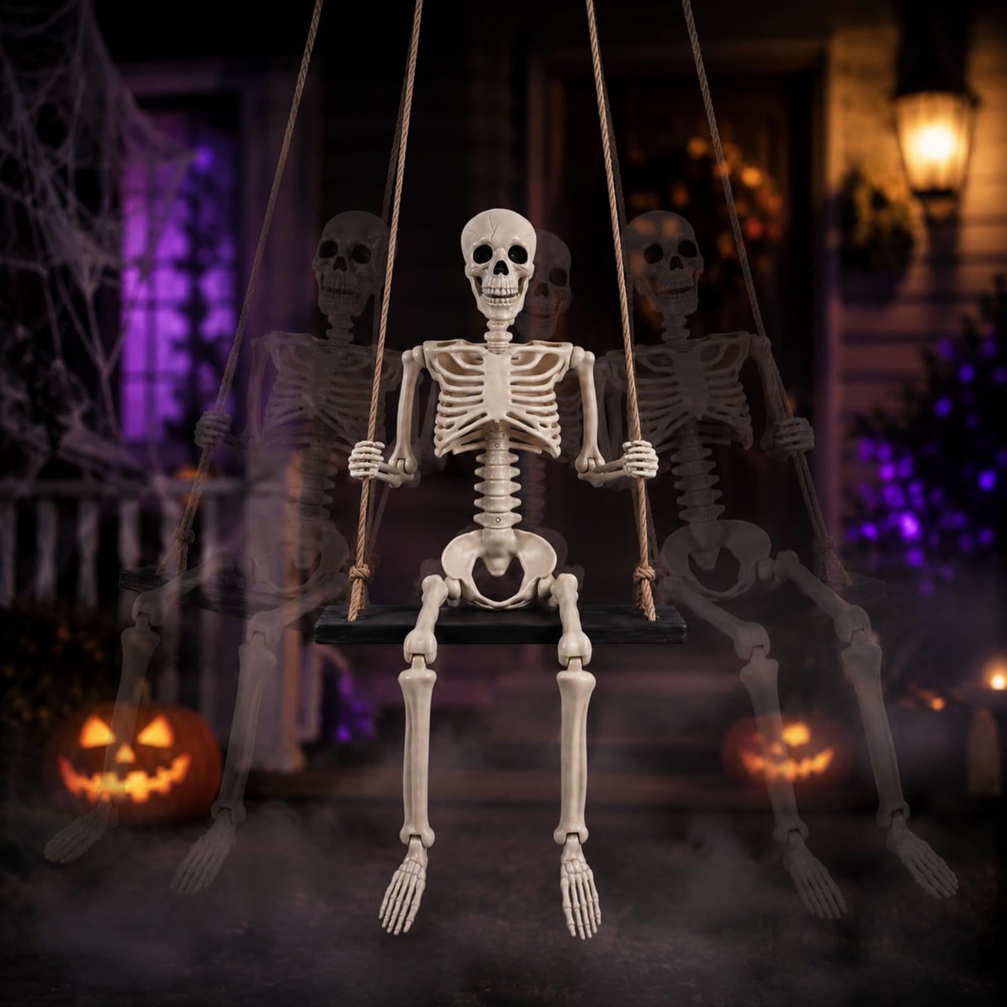 Sintuff Halloween Swinging Skeleton on Swing, Outdoor Swinging Ghost Decor, 35.4" Hanging Skeleton with 13.8" Wooden Seat for Yard, Porch, Tree, Spooky Halloween Decorations