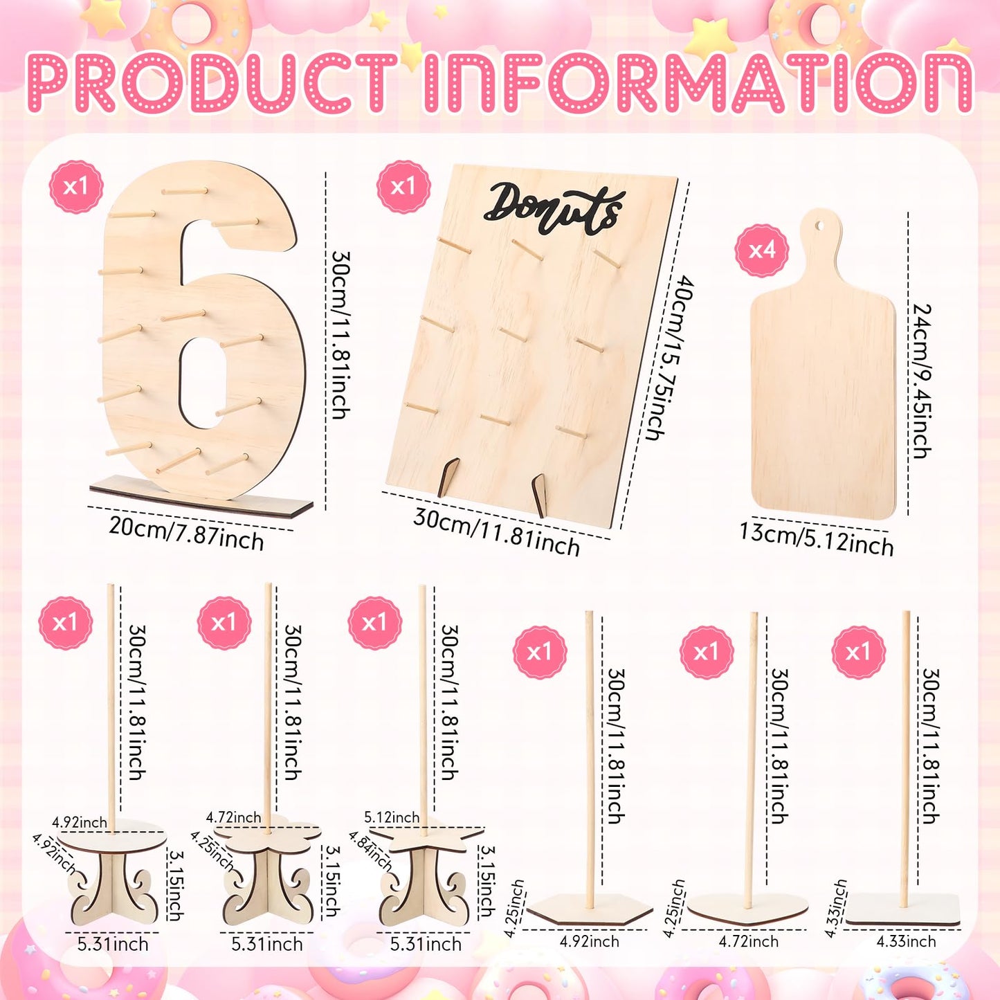 Lallisa 12 Pcs Wooden Donut Stand Set Number 6 Donut Display Stand 1 Doughnut Wall Display 4 Mini Charcuterie Boards 6 Doughnut Holder Tower for Dessert Table Birthday Wedding Baby Shower Party Deocr