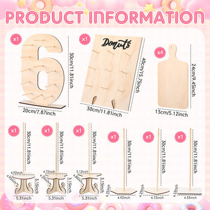 Lallisa 12 Pcs Wooden Donut Stand Set Number 6 Donut Display Stand 1 Doughnut Wall Display 4 Mini Charcuterie Boards 6 Doughnut Holder Tower for Dessert Table Birthday Wedding Baby Shower Party Deocr