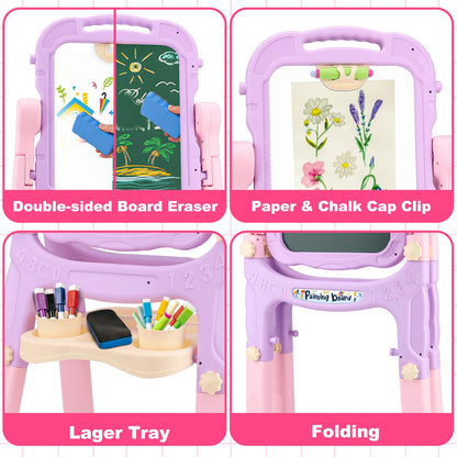 Kids Double Sided Art Easel for Toddlers Magnetic White Board Chalk Board with Painting Accessories Adjustable Stand Drawing Educational Learning Toys - Age 3 4 5 Year Old Girl Birthday Gifts Pink