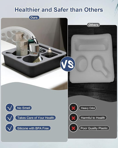 Couch Cup Holder Tray, Bonfixe Stable Couch Caddy for Bed and Sofa, Upgraded Capacity Health-Friendly Silicone Anti-Spill Drink Holder Organizer for Snacks Beverage (White-Black)