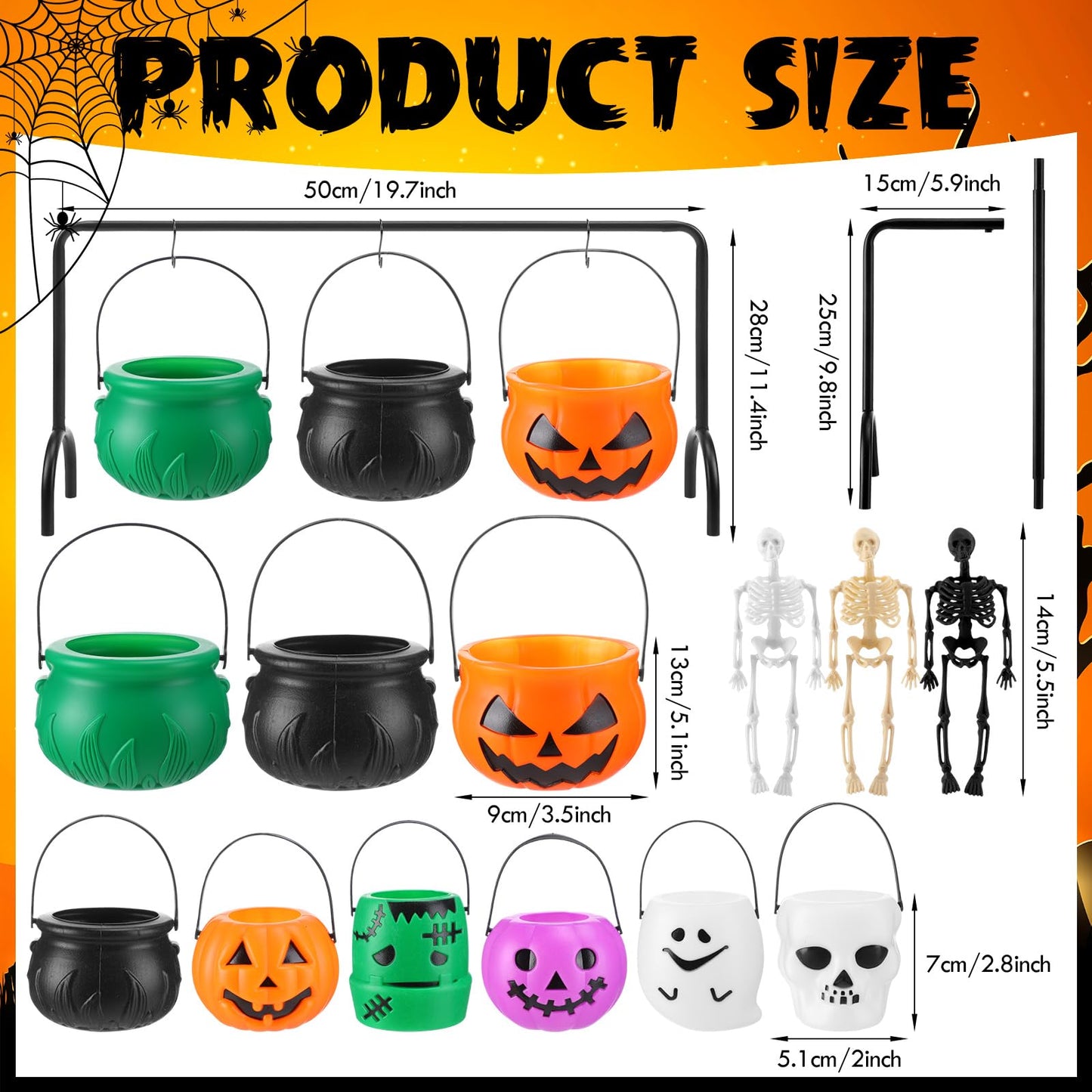 Capoda 12 Pcs Halloween Cauldrons Serving Bowl Decor Set Include 3 Plastic Witch Cauldrons Rack and 6 Mini Halloween Candy Bucket Punch Bowls and 3 Skeletons for Home Decor Witch Party Supplies