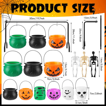 Capoda 12 Pcs Halloween Cauldrons Serving Bowl Decor Set Include 3 Plastic Witch Cauldrons Rack and 6 Mini Halloween Candy Bucket Punch Bowls and 3 Skeletons for Home Decor Witch Party Supplies