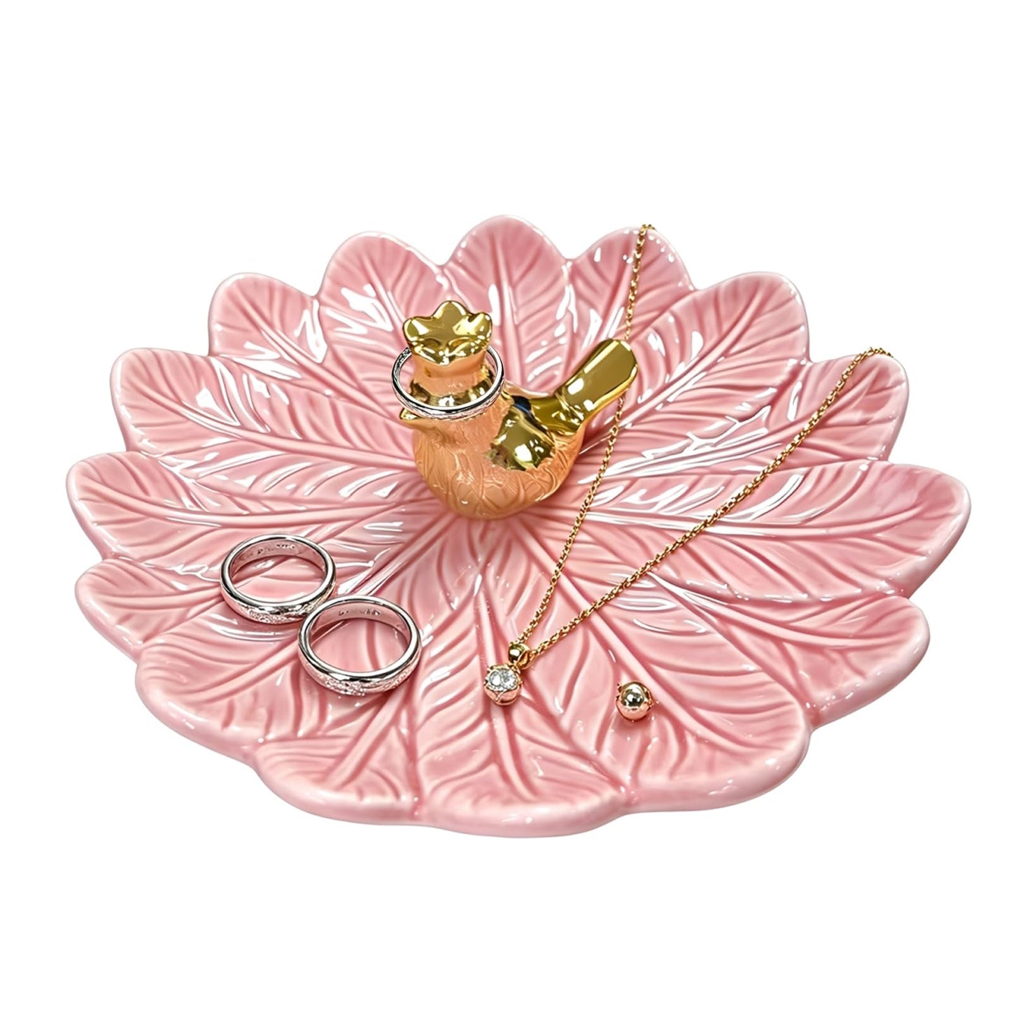 ONEPEACE Golden Bird Ceramic Ring Holder Dish for Women, Decorative Jewelry Tray Trinket Dish for Rings Earrings Necklace Organizer, Engagement Wedding Ring Holder, Christmas Birthday Gifts (Pink)