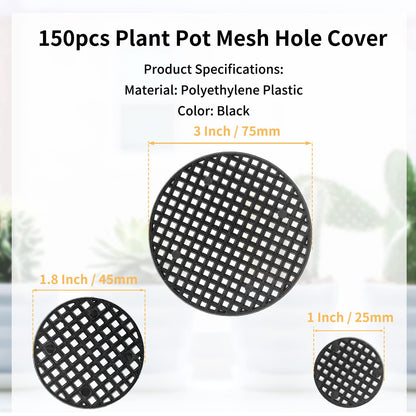Bivethoi 150pcs Plant Pot Hole Cover - Bonsai Drainage Mesh Screens (3 Sizes, Black)