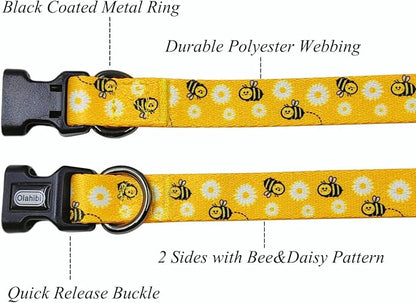 Dog Collar Leash Set, Floral Pattern, Polyester Material, Adjustable Collar and 5ft Matching Leash, for Medium Dogs.(M, Bee Daisy)
