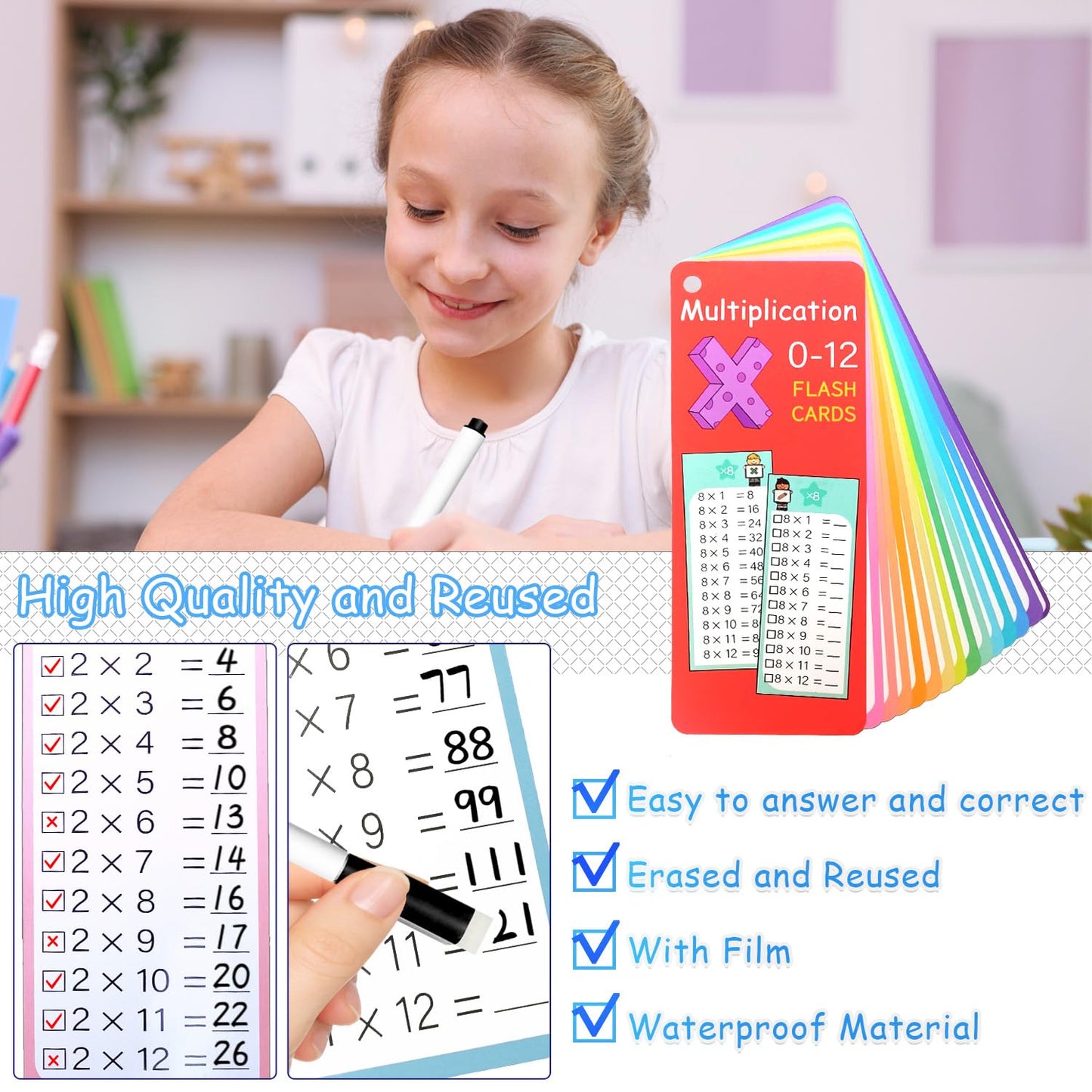 1-12 Math Flash Cards, 60Pack Large Math Addition Subtraction Multiplication Division Table Flashcards Chart, with 60 Cards, 8 Dry Erase Markers, 4 Rings, Educational Learning for Classroom Home