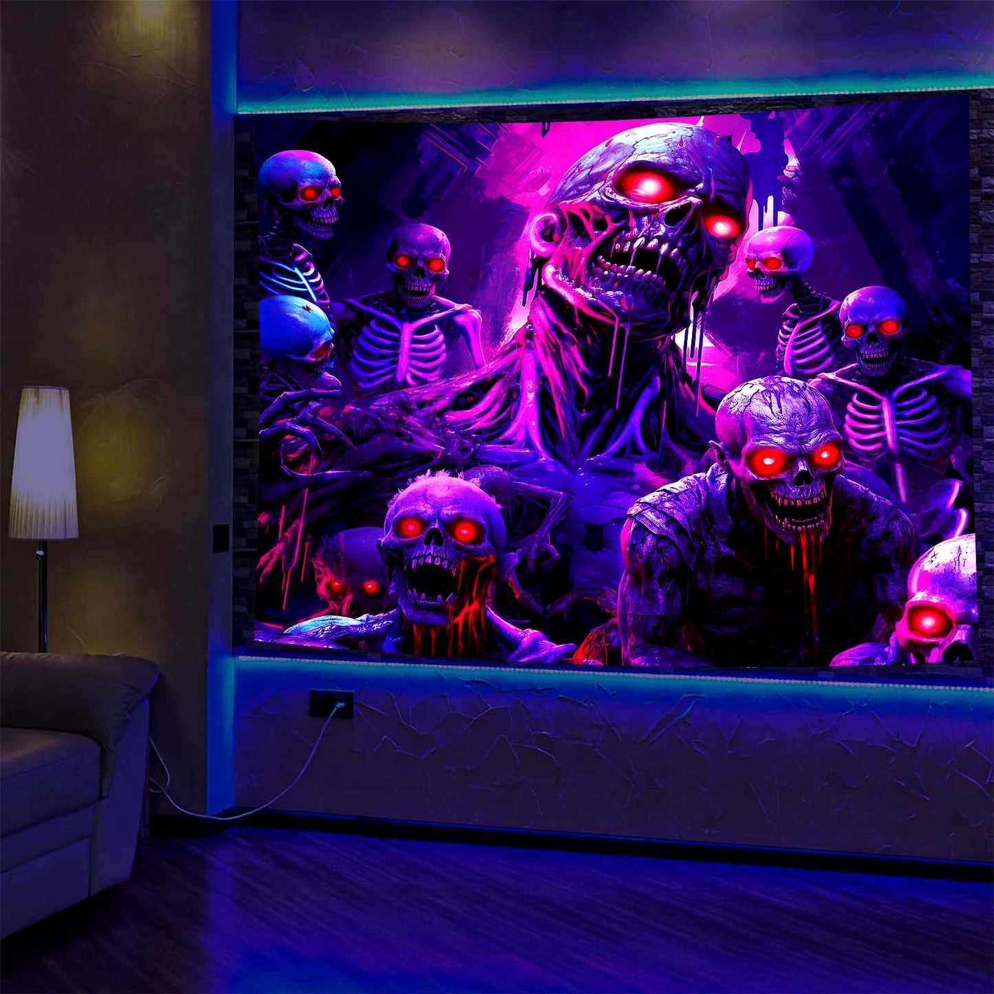 puuiui Halloween Blacklight Tapestry Skull Wall Goth Skeleton Hanging Horror Uv Black Light Tapestries for Bedroom Living Room Men dorm Wall Party Decor, 39.4Wx31.5L