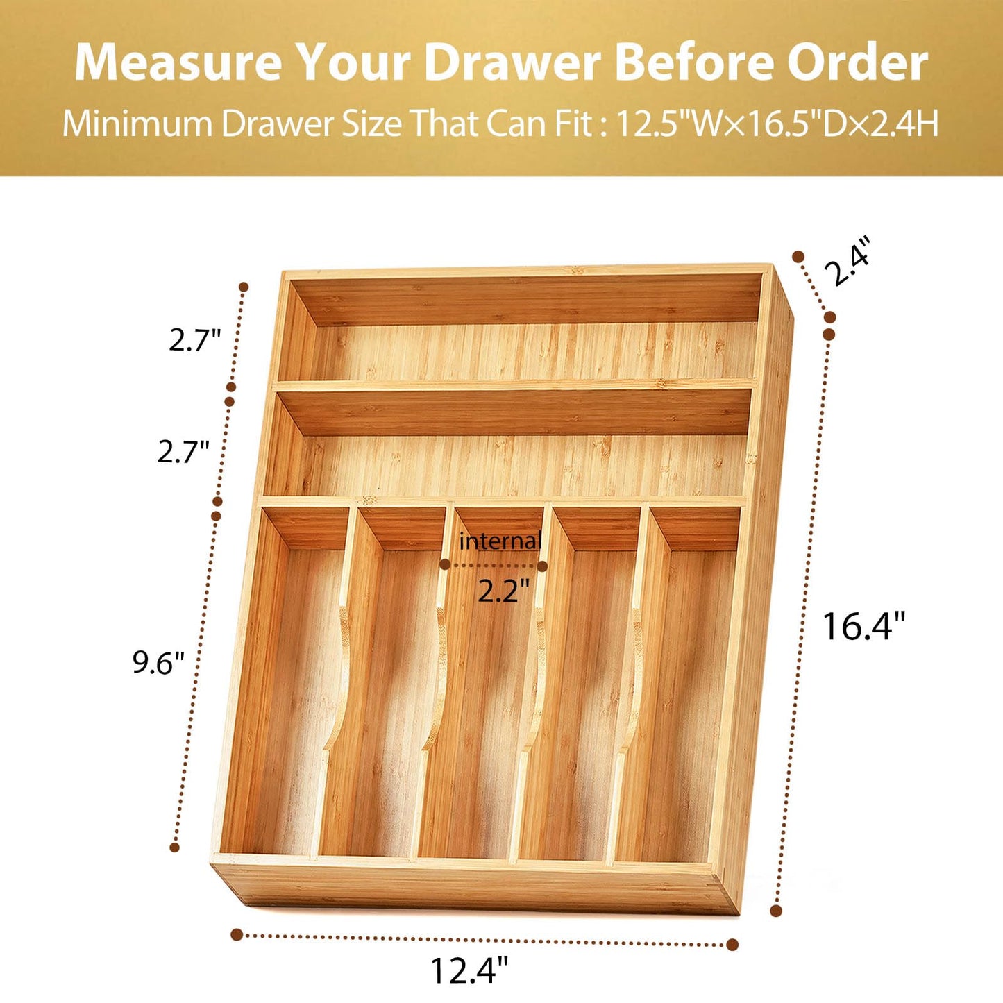 Umilife Bamboo Kitchen Drawer Organizer, 13 Inch Silverware Utensil Tray Holder, Extra Deep Grooved Drawer Divider, 7 Slots Total Bamboo Wood Caddy for Flatware Cutlery Knives, Forks, Spoons