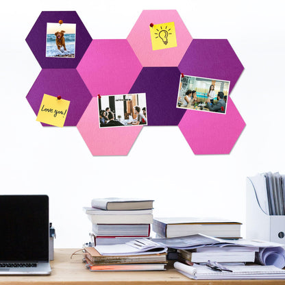 HULAVO Large Hexagon Felt Cork Board Tiles, Self Adhesive DIY Felt Bulletin Board Pin Board with 35 Pushpins for Office School Home Wall Decor Stickers Memos Photos Display(Deep Purple+Pink)