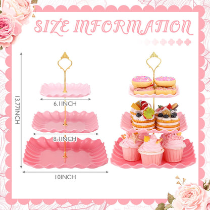 Lallisa 2 Pack Scalloped Cupcake Stand Dessert Plates Plastic Square Tiered Serving Stand Display Tower for Wedding, Birthday Party, Tea Party and Baby Shower(Pink Gradient)