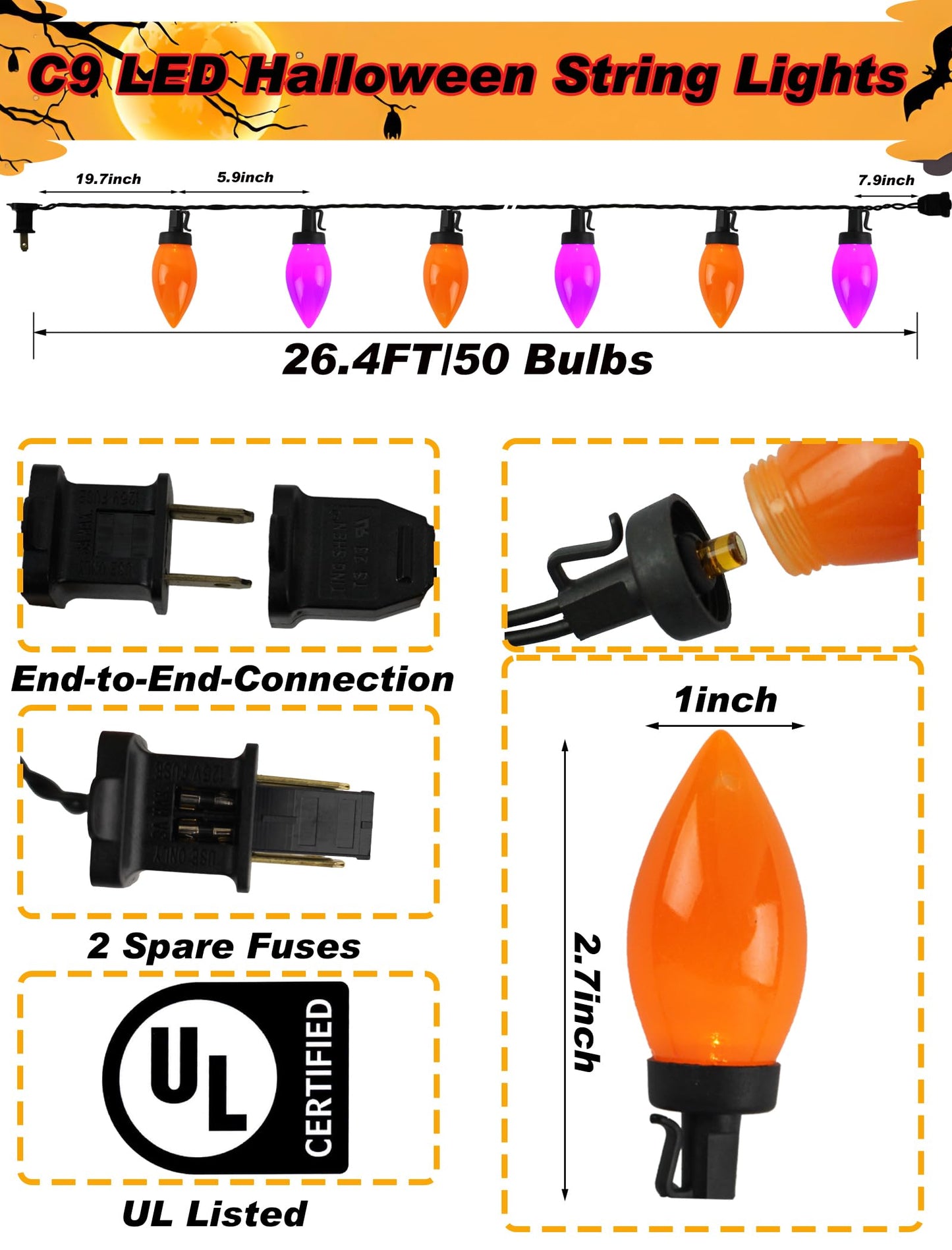C9 Halloween String Lights Outdoor, 26.4Ft C9 Halloween Decorations with 50 LED Orange and Purple Lights, Extendable Hanging Plug in Christmas Night Lights for Party, Patio, Outside Yard, House Decor