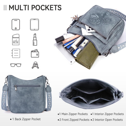 VIMUTI Crossbody Bags for Women Trendy Vegan Leather Hobo Purses for Women Embossed Flower Shoulder Handbags Bucket Bag (01-Blue)