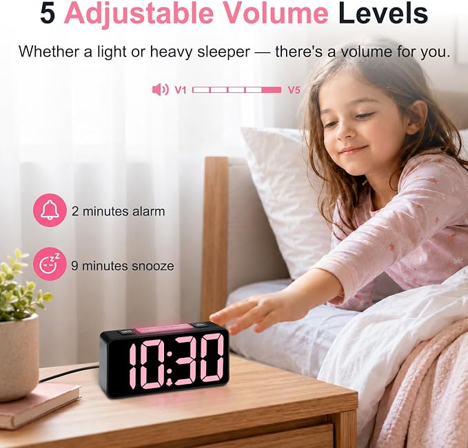 DreamSky Small Digital Alarm Clock with Night Light for Kids Bedroom | RGB Desk Clock with Large Numbers for Teens Boys, Brightness Dimmer, Adjustable Alarm Volume, USB Port, USB-C Adapter Powered