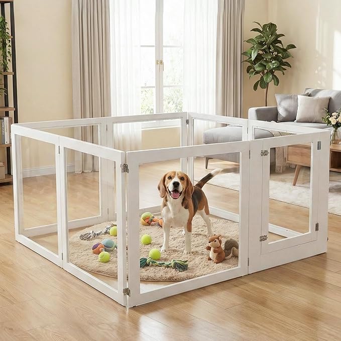 Heavy Duty Clear Acrylic Dog Playpen for Small/Medium Pets – 32" High Clear Pet Pen with Sturdy Metal Frame, Walk-in Kennel, Expandable Indoor & Outdoor Pet Play Yard (White, 8 Panels Including Door)