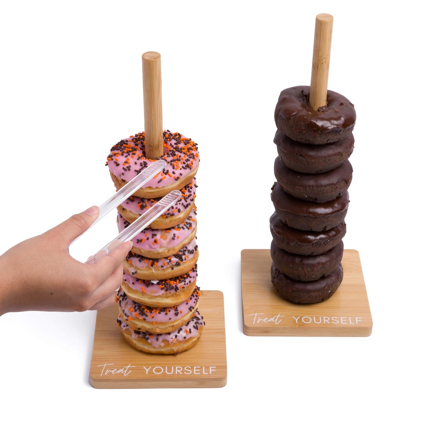 Bamboo Donut Stands for Dessert Table, Set of 2 w/ Tongs, Donut Holder Stand Party, Multipurpose Bagel Holder, Trendy Display for Party, Stylish Bagel Tower, Perfect Brunch Display, Sweet Birthday