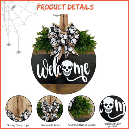 HONYUEYIM Halloween Wooden Hello Boo Ghost Bow Door Sign(Skull)