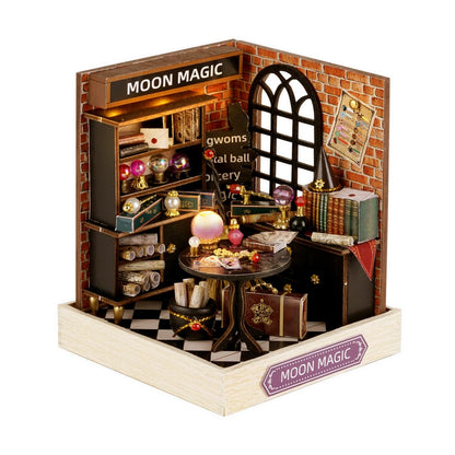 Miniature House Kit, CUTEROOM Tiny House Kit Wooden Dollhouse Kit Mini House Making Kit with Dust Cover, DIY Dollhouse Kit Birthday Gift (Moon Magic)