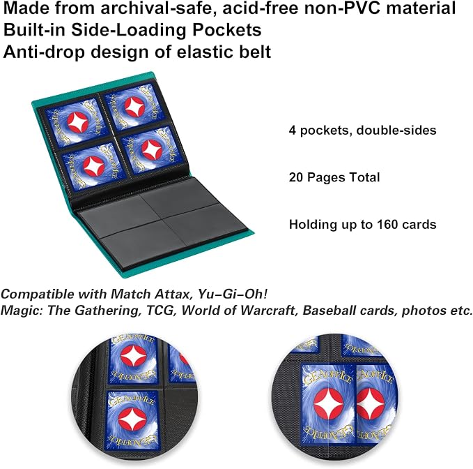 GEAoffice Card Binder - 4 Pocket Trading Card Album Folder - 160 Side Loading Pockets Binder for TCG, MTG, Sports&Game Cards - Gifts for Card Collection (Peacock blue)