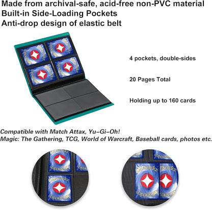 GEAoffice Card Binder - 4 Pocket Trading Card Album Folder - 160 Side Loading Pockets Binder for TCG, MTG, Sports&Game Cards - Gifts for Card Collection (Peacock blue)